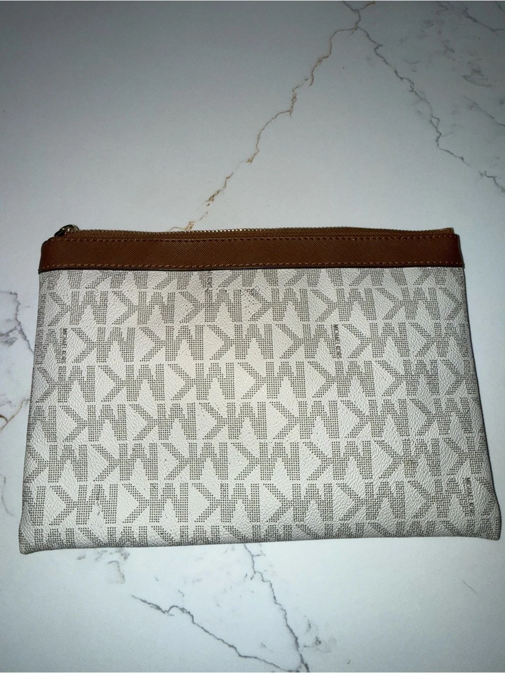 Michael Kors Beige MK Monogram clutch/wristlet with Brown Trim
